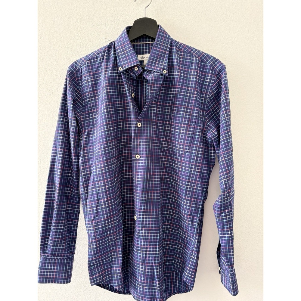 Peter Millar Dress Shirt Mens Small Blue Multi Plaid Check Long Sleeve Button Up